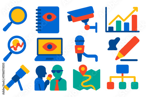 Secretive Study Icons. Flat vector icons of tools for studying secrecy and information control: magnifying glass, observation