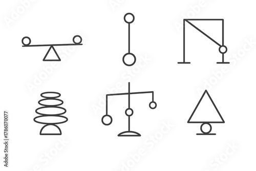 Mechanical Balance Icons. Line style icons of mechanical balance sculptures: seesawing rod system, weighted pendulum arm,