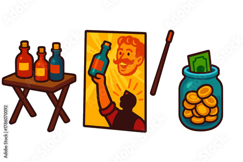 Traveling Salesman's Kit. Isometric vector illustration set Traveling Tonic Salesman Kit: Folding table with samples, exaggerated