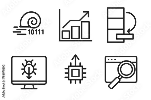 Exploit Development Icons. Line style icons of exploit development skills: shellcode icon, buffer overflow chart, return address