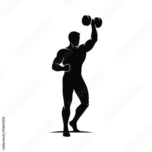 Silhouette of a muscular man lifting dumbbell he is a bodybuilder and is very strong