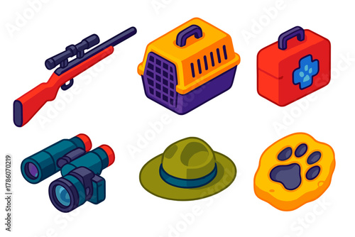 Wildlife Study Icons. Isometric vector illustration set Wildlife Fieldwork: tranquilizer dart gun, animal crate, veterinary kit,