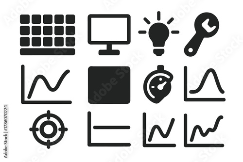 Hyperspectral Sensor Calibration Icons. Solid style icons of hyperspectral sensor calibration: color chip tray, white reference