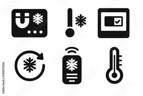 Temperature Control Icons. Solid style icons of temperature control interface: magnetic cooling control panel, slider with cold