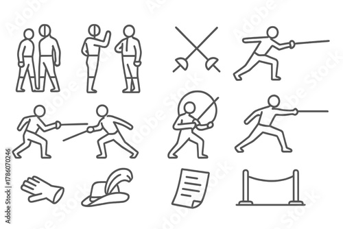 Dueling Iconography. Line style icons of dueling scenes: opponent pair, salute gesture, crossed swords, forward lunge; retreat