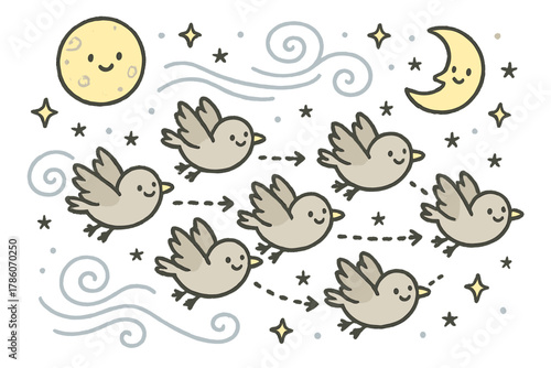 Cheerful Migrating Birds. Adorable doodle migratory flock formation with smiling birds, cartoon wind currents waving, cheerful