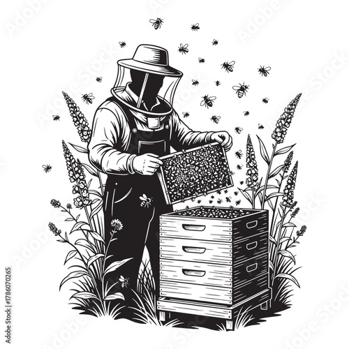 Beekeeper in protective suit tending to a beehive surrounded by buzzing bees and tall plants in a detailed black and white illustration