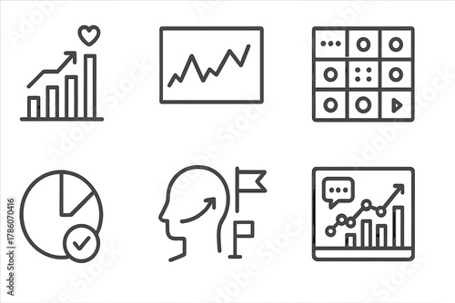 Data Analytics Icons. Line style icons of data and analytics in microlearning: engagement chart, quiz accuracy graph, learner