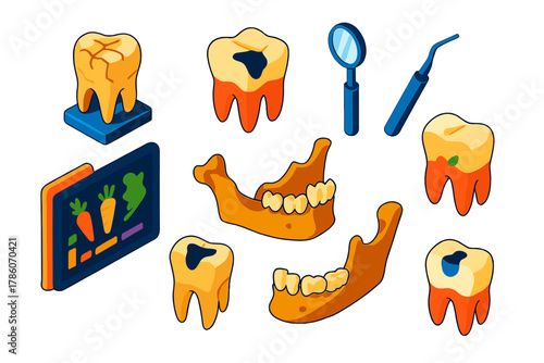 Ancient Dental Artifacts. Isometric vector illustration set Paleopathology of dental health: ancient dental specimens, cavities