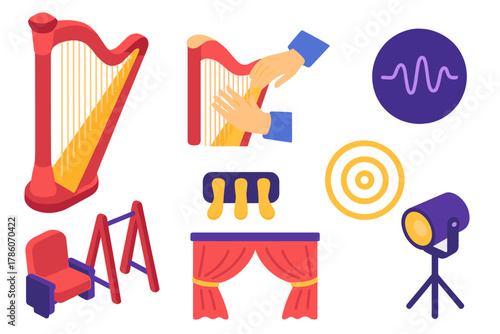 Sound Therapy Icons. Isometric vector illustration set Sound therapy – harp instrument, plucking hands, sound wave; stand frame,