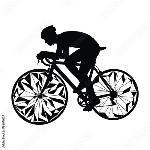 Silhouette of a cyclist riding a bicycle the cyclist is wearing a helmet and racing gear