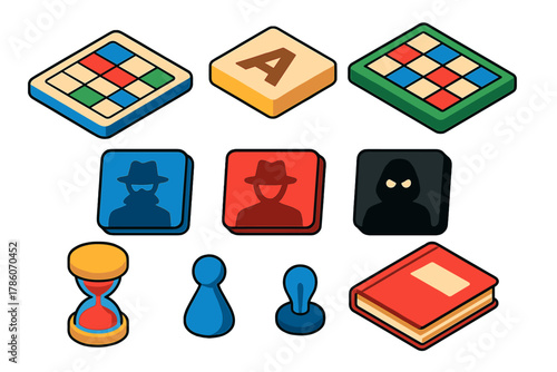 Colorful Board Game Icons. Isometric vector illustration set Board games – key card, word tile, grid board; agent tile, agent tile