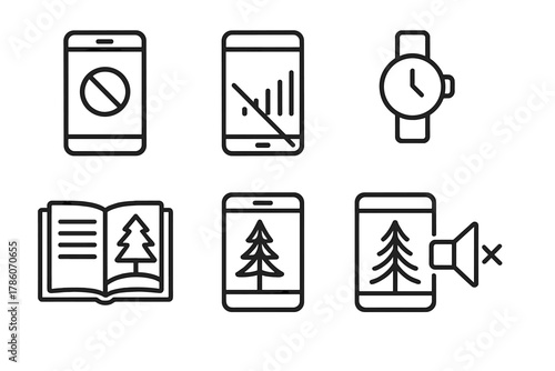 Digital Detox Icons. Line style icons of digital detox in forest: phone off icon, no signal symbol, watch left behind, journal
