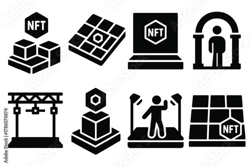 NFT Stage Icons. Solid style icons of NFT stage architecture: modular crypto stage, mintable platform grid, tokenized backdrop