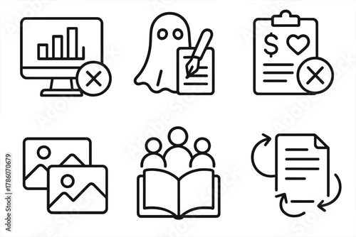 Scientific Misconduct Icons. Line style icons of Scientific Misconduct Types: fake dataset icon, ghostwriting figure, undeclared