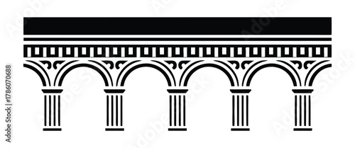 Monochrome classic archway with columns and ornate frieze, ancient architectural element design