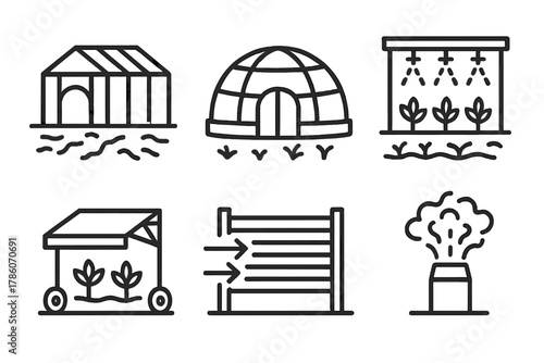 Climate Control Structures. Line style icons of climate control structures: greenhouse in arid land, dome-shaped bio-climate