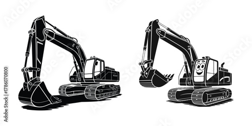 Excavators set: industrial digging machine and a cheerful cartoon character vehicle