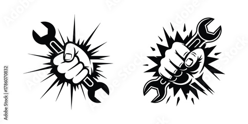 Hand holding wrench with starburst graphic illustration symbol for repair and service