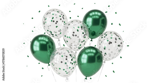 Vector illustration of green and clear balloons with confetti on a white background