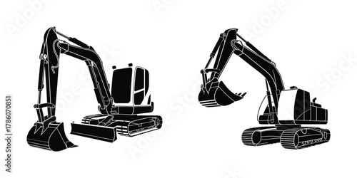 Excavator heavy construction machinery vector illustrations set, isolated on a white background