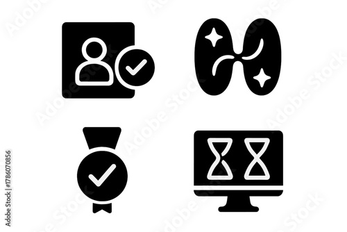 Quantum Verification Icons. Solid style icons of teleportation verification: test result checkmark, entangled match symbol,