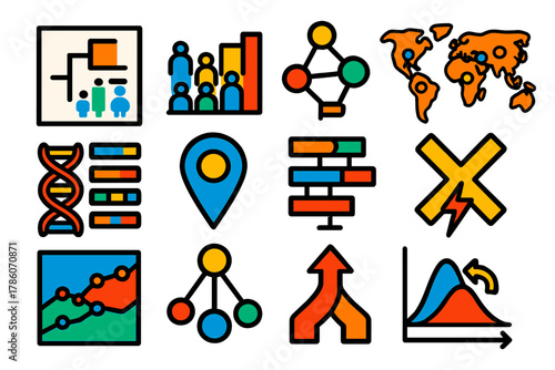 Population Genetics Icons. Flat vector icons of population genetics visualization: phylogenetic tree, gene frequency chart, allele