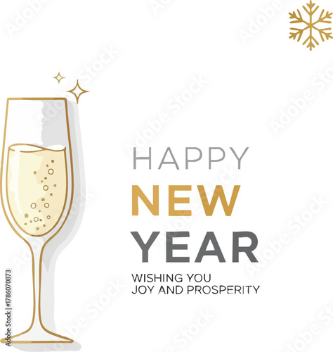 A 2D flat illustration of a champagne glass with bubbles and confetti against a clean background, celebrating the new year with a festive mood and golden accents.