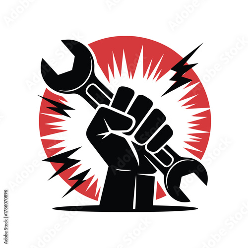 Symbolic powerful clenched fist holding a wrench, representing labor, protest, and revolution