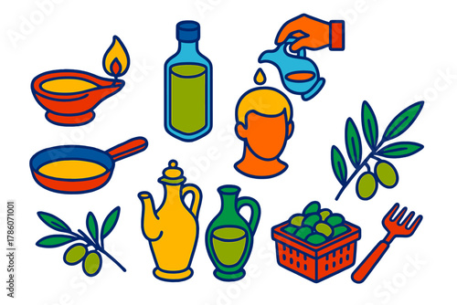 Oleology Icon Set. Isometric vector illustration set Oleology: lamp oils burning, olive oil containers, ritual anointing, cooking