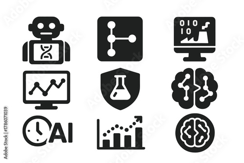 AI Research Icons. Solid style icons of AI-driven age research: robot with DNA screen, algorithm icon, machine analysis glyph.