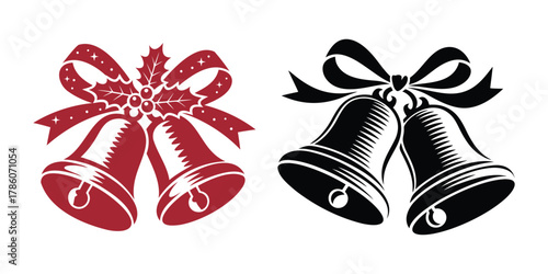 Classic christmas bells with ribbons and holly design set, vector holiday illustration