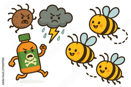 Bees Overcoming Threats. Threats to bees illustrated as playful cartoon mites, storm clouds, and pesticide bottles being chased