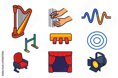 Sound Therapy Icons. Isometric vector illustration set Sound therapy – harp instrument, plucking hands, sound wave; stand frame,