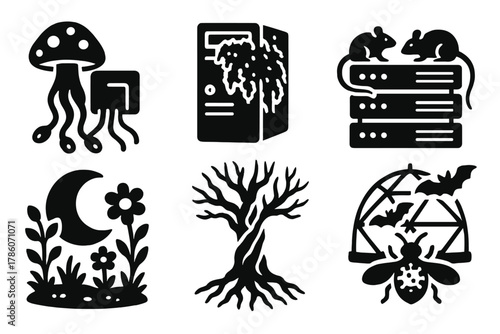 Symbiotic Tech Ecosystem. Solid style icons of shadow symbiosis: fungi feeding wires, moss in machines, rats on servers. Night