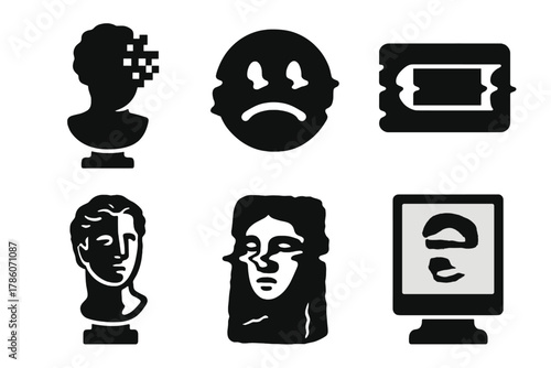 Glitch Art Icons. Solid style icons of glitch and filter art: pixelated bust fragment, distorted emoji sculpture, VHS overlay