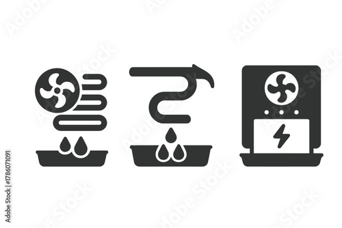 Condensation Water Harvesters. Solid style icons of condensation-based water harvesters: cooling coil system, condensation pipe,