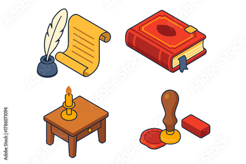 Classic Literature Icons. Isometric vector illustration set Classic literature – quill pen, parchment scroll, inkwell;