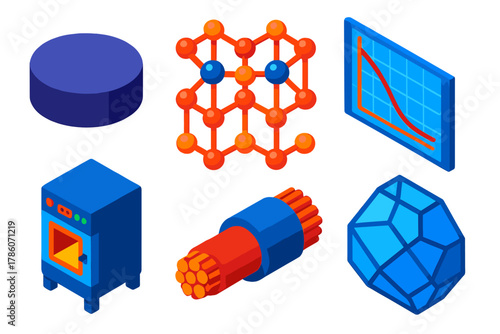 Superconductors Illustrated Icons. Isometric vector illustration set High-Temperature Superconductors: ceramic sample pellet,