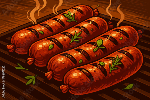 Sizzling Grilled Sausages. Bold close-up of sizzling grilled sausages garnished with herbs, warm golden lighting, rich textures,