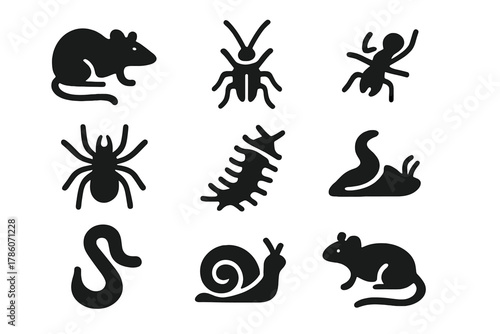 Hidden Dwellers Icons. Solid style icons of Hidden Dwellers: Rat, Cockroach, Ant, Spider, Centipede, Beetle, Worm, Slug, Snail,