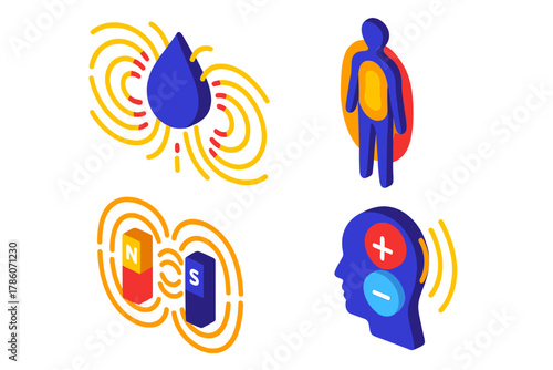 Magnetic Fluid Theories. Isometric vector illustration set Magnetic Fluid Theories: Ether current lines, body energy overlay,