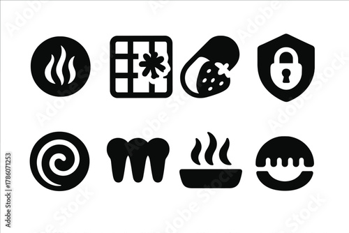 Sensory Preservation Icons. Solid style icons of sensory preservation: aroma orb, texture freeze panel, flavor snapshot capsule.