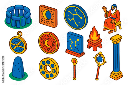 Ancient Astronomy Icons. Isometric vector illustration set Ancient Astronomy: sacred stone circle, eclipse calculation tablet,