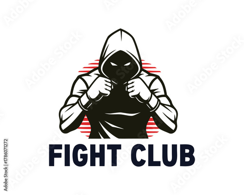 Aggressive hooded fighter with clenched fists for a fight club logo, martial arts symbol