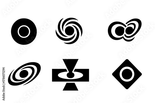 Black Hole Icons. Solid style icons of black hole types in photos: stellar-mass shadow, supermassive swirl, rotating horizon frame