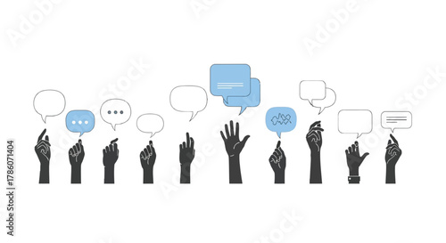 Diverse hands raised with speech bubbles symbolizing communication ideas questions and participation in discussions