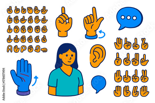 Sign Language Icons. Isometric vector illustration set Language learning – sign language hands, finger spelling chart, handshape