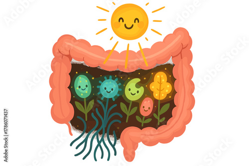 Radiant Microbial Garden. Healthy gut garden with microbes as glowing flowers, fiber as water, and sunshine beaming down happily