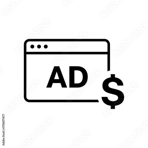 Browser Window with "AD" Text and Dollar Sign Digital Advertising Vector Image